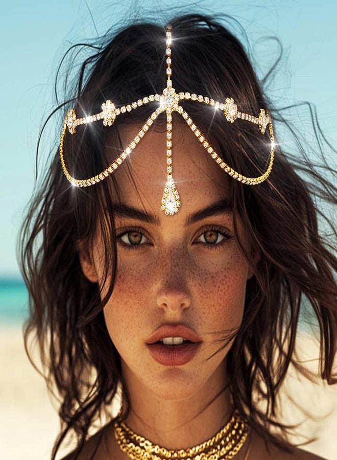 ووي مجوهرات سلسلة رأس مرصعة بأحجار الراين من Woeoe، قطعة رأس ذهبية مرصعة بالكريستال، مجوهرات شعر متعددة الطبقات مناسبة للمهرجانات والمناسبات النسائية - Image 3