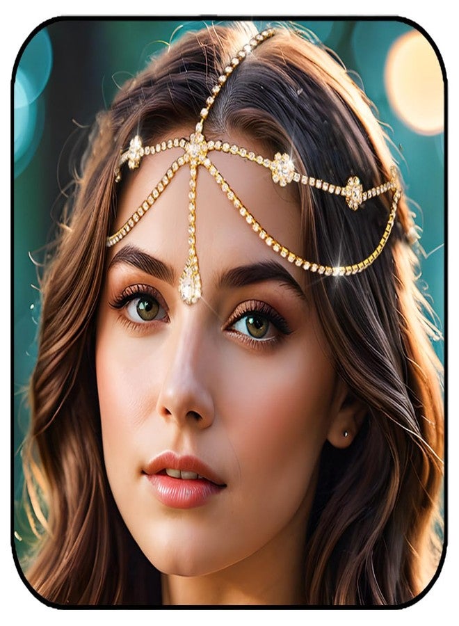 ووي مجوهرات سلسلة رأس مرصعة بأحجار الراين من Woeoe، قطعة رأس ذهبية مرصعة بالكريستال، مجوهرات شعر متعددة الطبقات مناسبة للمهرجانات والمناسبات النسائية - Image 1