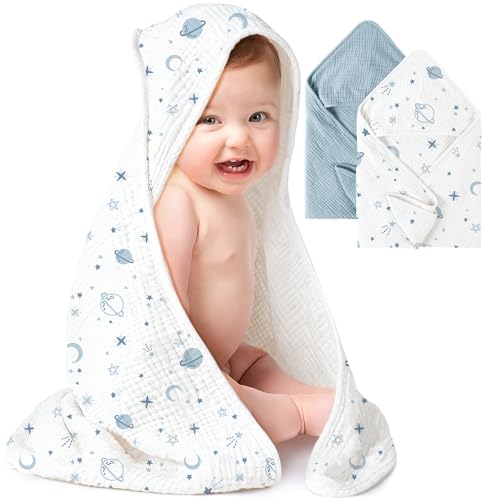 Konssy 2Pack Muslin Hooded Baby Towels 100 Cotton UltraSoft Absorbent Baby Bath Towels with Hood for Newborn Infant Blue Star30 x 30