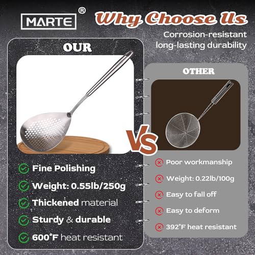 Marte Skimmer Slotted Spoon -16.5" 304 Stainless Steel Pasta Spider Strainer Skimmer Ladle Spoon for Cooking and Frying - Kitchen Metal Scoop Colander Strainer Spoon with Heat Resistant Handle - Image 5