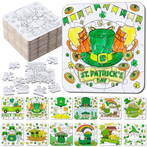 Realspring 24 Pack St Patricks Day Crafts for Kid Irish Coloring Jigsaw Puzzles St Patricks Day Activities Classroom Gifts Color Your Own Shamrock Irish Elf Hat Craft Puzzle for Party Favors - Image 1