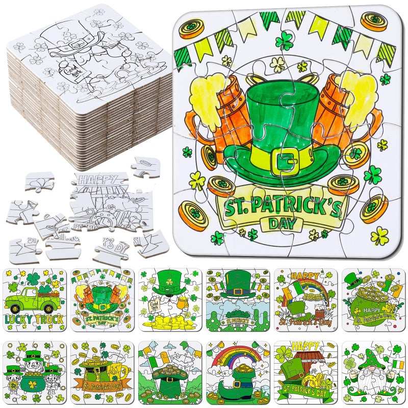 Realspring 24 Pack St Patricks Day Crafts for Kid Irish Coloring Jigsaw Puzzles St Patricks Day Activities Classroom Gifts Color Your Own Shamrock Irish Elf Hat Craft Puzzle for Party Favors - Image 3
