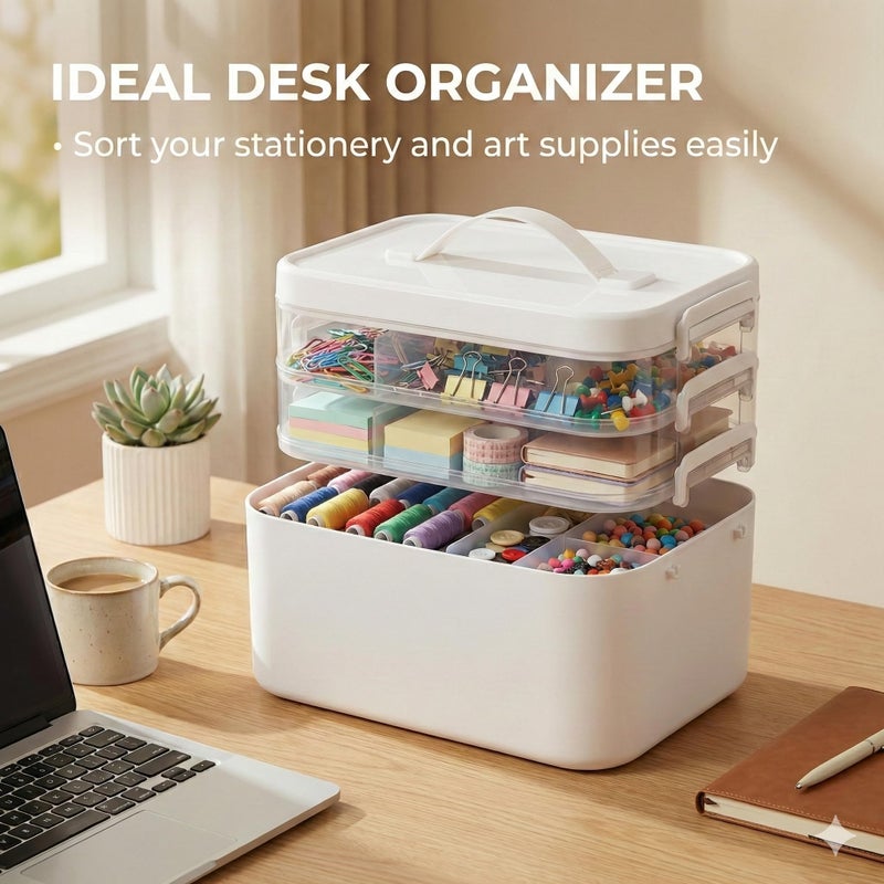 MERATIA 13.3 QT Stackable Craft Storage Organizer Box with Handle, White, 3 Removable Trays for Art Supplies and Crafting 11.1''x7.7''x9.1''(3 Layer-White) - Image 5