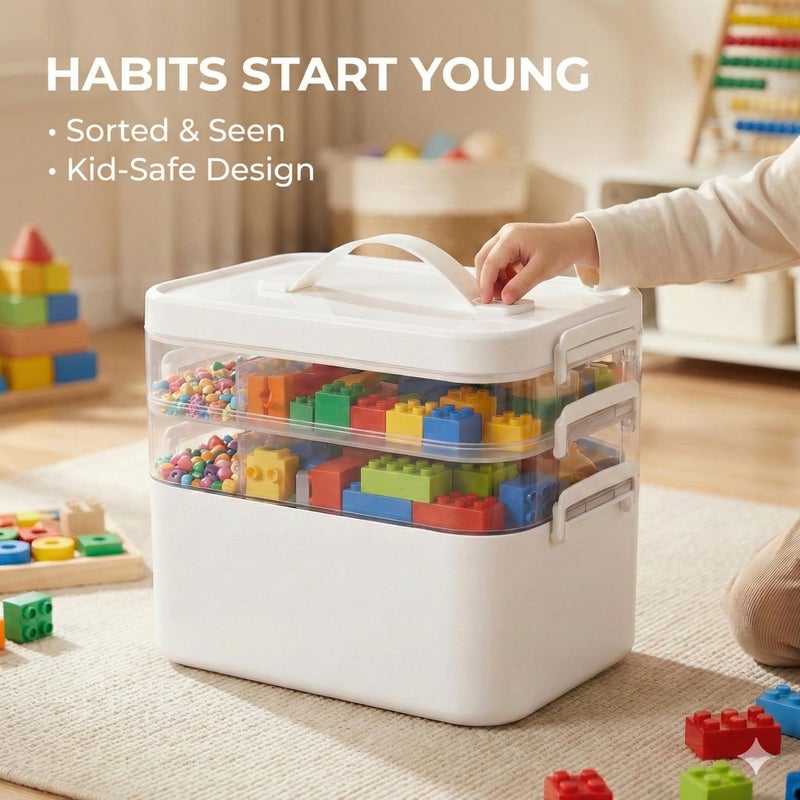 MERATIA 13.3 QT Stackable Craft Storage Organizer Box with Handle, White, 3 Removable Trays for Art Supplies and Crafting 11.1''x7.7''x9.1''(3 Layer-White) - Image 3