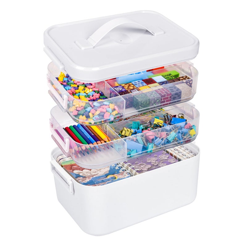MERATIA 13.3 QT Stackable Craft Storage Organizer Box with Handle, White, 3 Removable Trays for Art Supplies and Crafting 11.1''x7.7''x9.1''(3 Layer-White) - Image 1