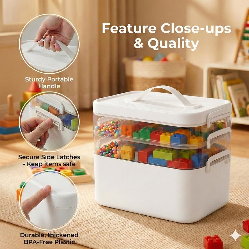 MERATIA 13.3 QT Stackable Craft Storage Organizer Box with Handle, White, 3 Removable Trays for Art Supplies and Crafting 11.1''x7.7''x9.1''(3 Layer-White) - Image 4