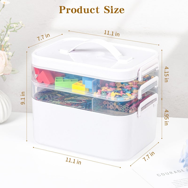 MERATIA 13.3 QT Stackable Craft Storage Organizer Box with Handle, White, 3 Removable Trays for Art Supplies and Crafting 11.1''x7.7''x9.1''(3 Layer-White) - Image 2