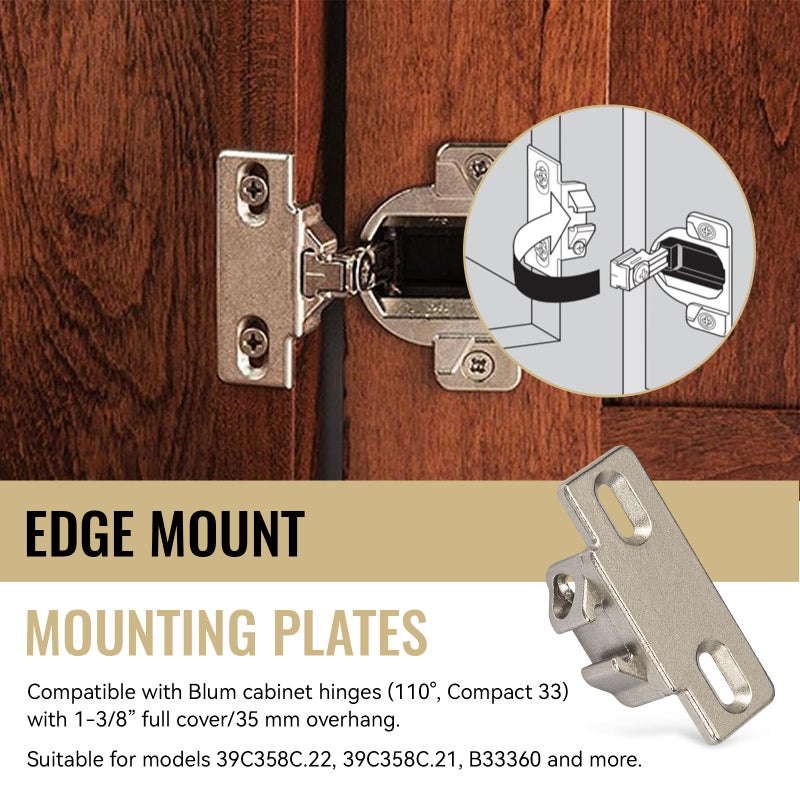 LEWEREST Hinge Mounting Plate Replacement for Blum 1 3/8" Overlay Compact 33 110 Degree, Face Frame Edge Mount Plates for Blum Cabinet Hinges, Self Closing, Nickel Finish (Pack of 2) - Image 2