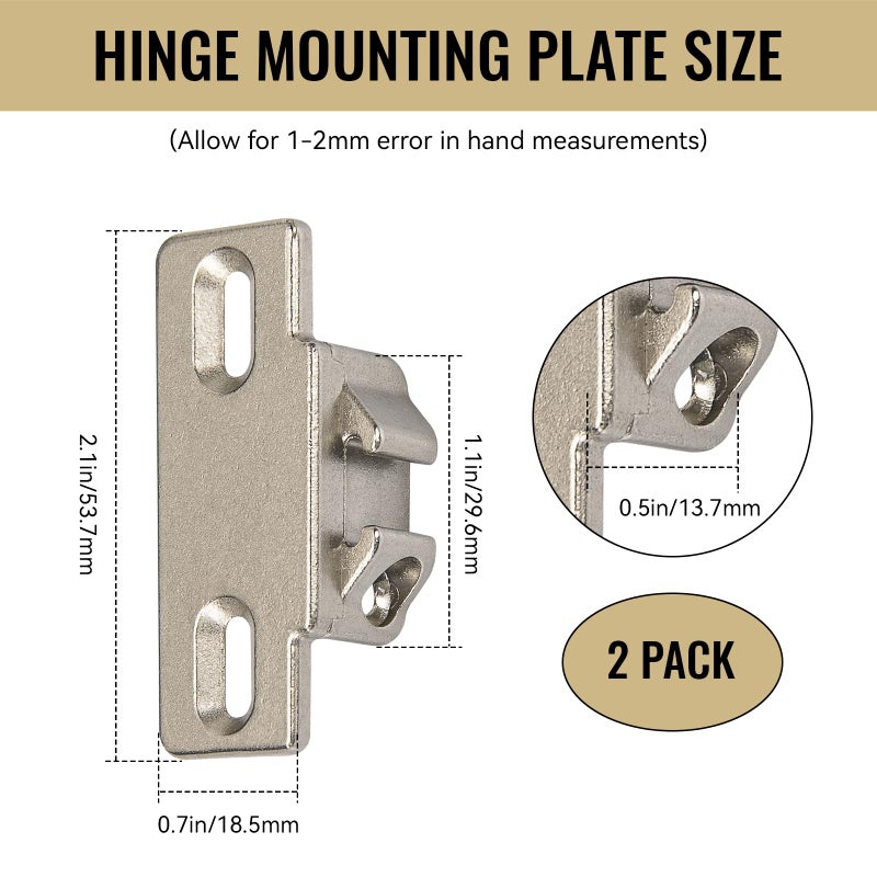 LEWEREST Hinge Mounting Plate Replacement for Blum 1 3/8" Overlay Compact 33 110 Degree, Face Frame Edge Mount Plates for Blum Cabinet Hinges, Self Closing, Nickel Finish (Pack of 2) - Image 3