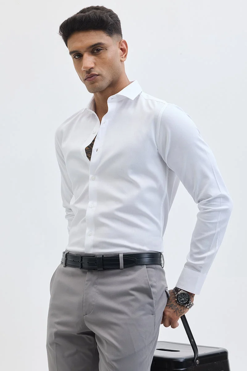 سنيتش White Solid Long Sleeve Slim Fit Formal Shirt