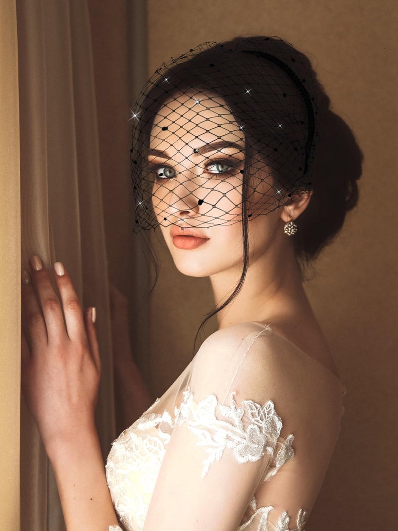 Jansun Black Mesh Veil Headband 1920s Fascinator Headpiece Birdcage Veil Bridal Wedding Tea Party Fascinator (1, Black Rhinestone) - Image 2