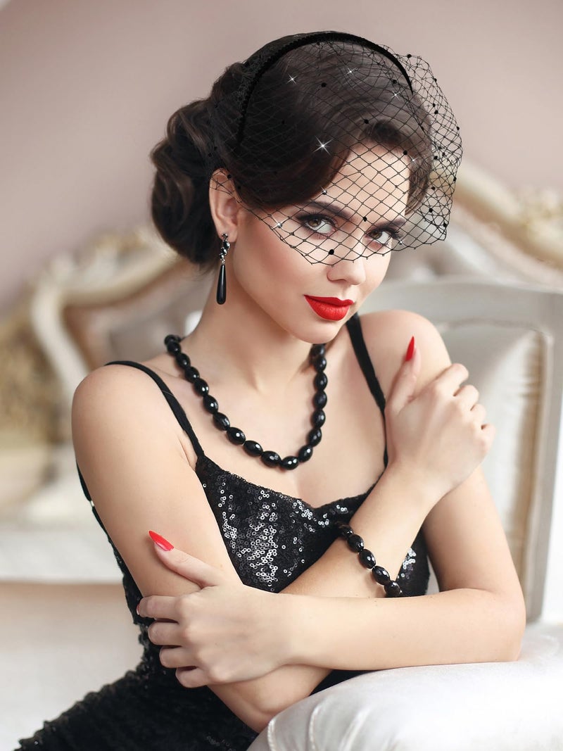 Jansun Black Mesh Veil Headband 1920s Fascinator Headpiece Birdcage Veil Bridal Wedding Tea Party Fascinator (1, Black Rhinestone) - Image 5