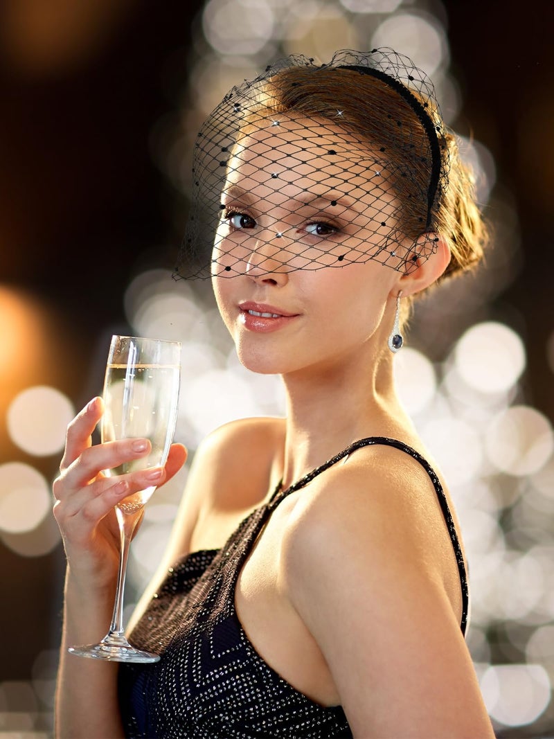 Jansun Black Mesh Veil Headband 1920s Fascinator Headpiece Birdcage Veil Bridal Wedding Tea Party Fascinator (1, Black Rhinestone) - Image 4