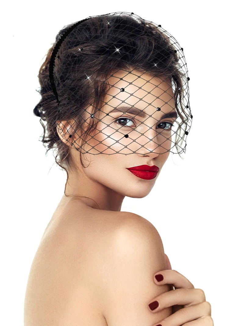 Jansun Black Mesh Veil Headband 1920s Fascinator Headpiece Birdcage Veil Bridal Wedding Tea Party Fascinator (1, Black Rhinestone) - Image 1