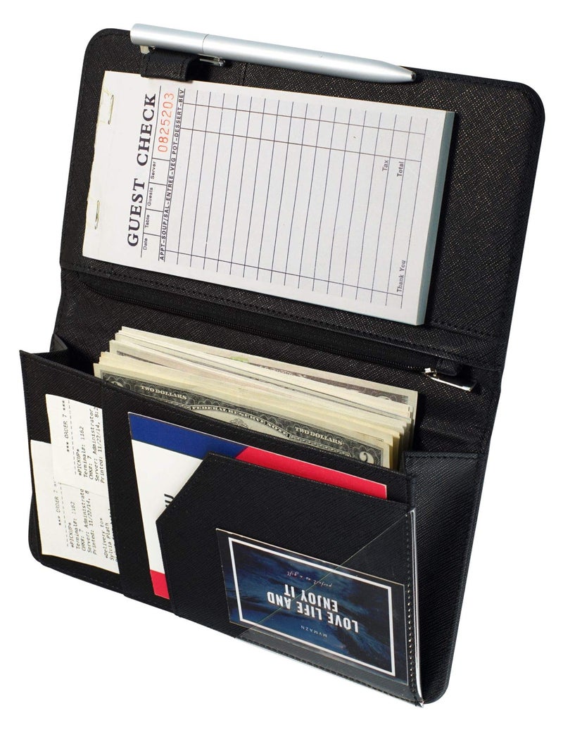 Mymazn 5 X 9 Server Book for Waitress with Magnetic Closure Zipper Pocket and Pen Holder Black