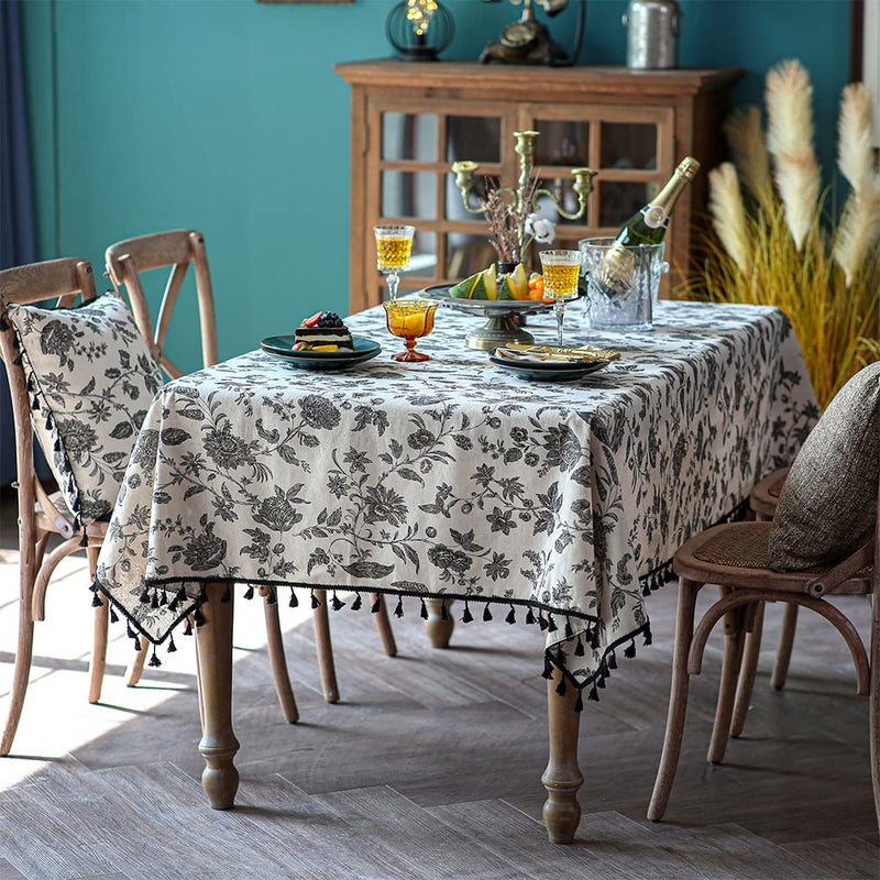 SUTAVIA Boho Cotton Linen Tablecloth Bohemian Black Floral Beige Fabric Tassel Lace Farmhouse Table Top Dust-Proof for Home Kitchen Holiday Party Dining Table (Black Flower, Rectangle, 52"x70") - Image 5