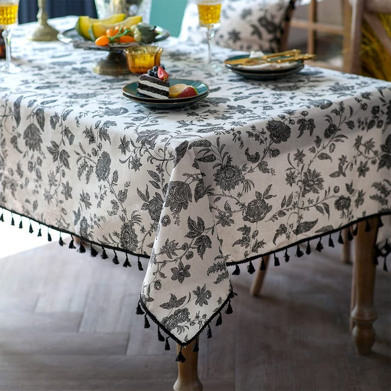 SUTAVIA Boho Cotton Linen Tablecloth Bohemian Black Floral Beige Fabric Tassel Lace Farmhouse Table Top Dust-Proof for Home Kitchen Holiday Party Dining Table (Black Flower, Rectangle, 52"x70") - Image 1