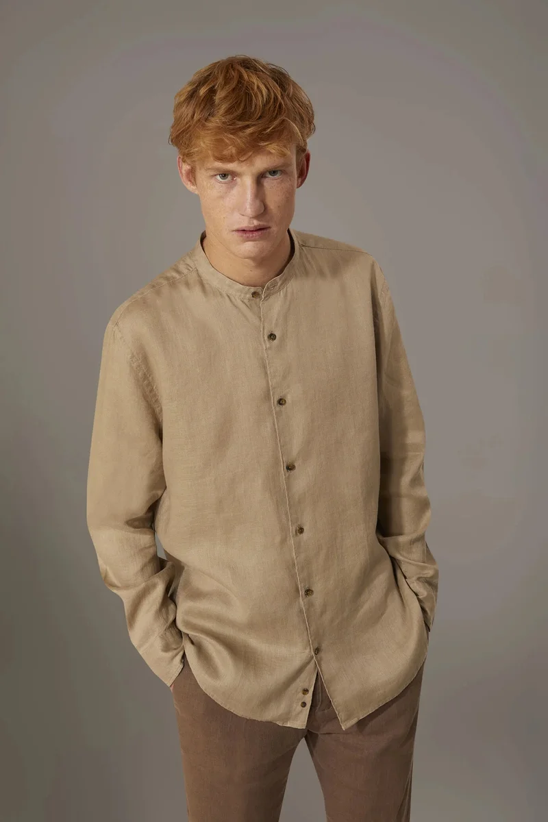 Casual shirt corean collar 100% linen - Beige