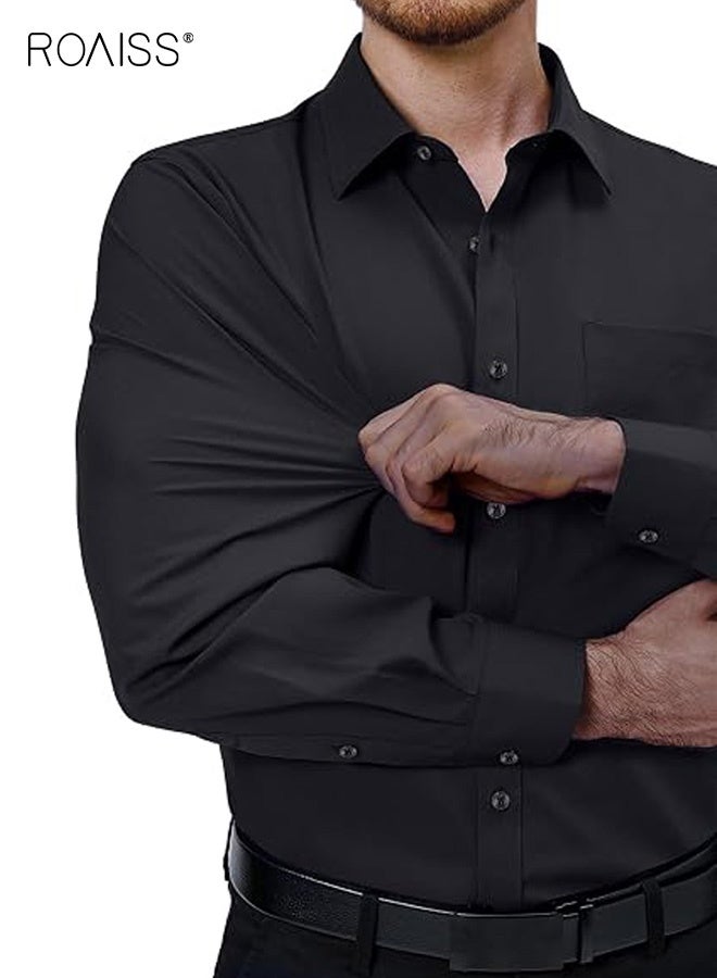 رويس قميص رجالي أسود بأكمام طويلة، بلون موحد، قابل للتمدد، بمقاسات كبيرة، مقاوم للتجاعيد، يسمح بمرور الهواء، مناسب للعمل والتنقل. - Image 5