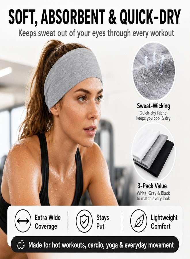 QUELIEN Extra Wide Headbands for Women 3 Pack, Soft Stretch Workout Headbands, Absorbent Quick Dry Hair Bands for Yoga, Running, Gym, Skincare & Daily Wear, Comfortable Wide Hair Wraps for Women - Image 2