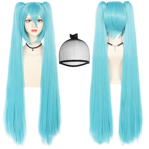 ANOGOL Hair Cap 120CM Blue Ponytail Wig Cosplay Lolita Wigs with Double Ponytails Long Straight Blue Cosplay Wigs Synthetic Hair Party for Anime Costume Halloween Outfit - Image 1