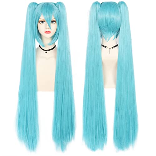ANOGOL Hair Cap 120CM Blue Ponytail Wig Cosplay Lolita Wigs with Double Ponytails Long Straight Blue Cosplay Wigs Synthetic Hair Party for Anime Costume Halloween Outfit - Image 3