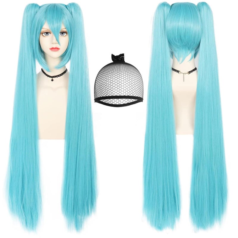 ANOGOL Hair Cap 120CM Blue Ponytail Wig Cosplay Lolita Wigs with Double Ponytails Long Straight Blue Cosplay Wigs Synthetic Hair Party for Anime Costume Halloween Outfit - Image 2