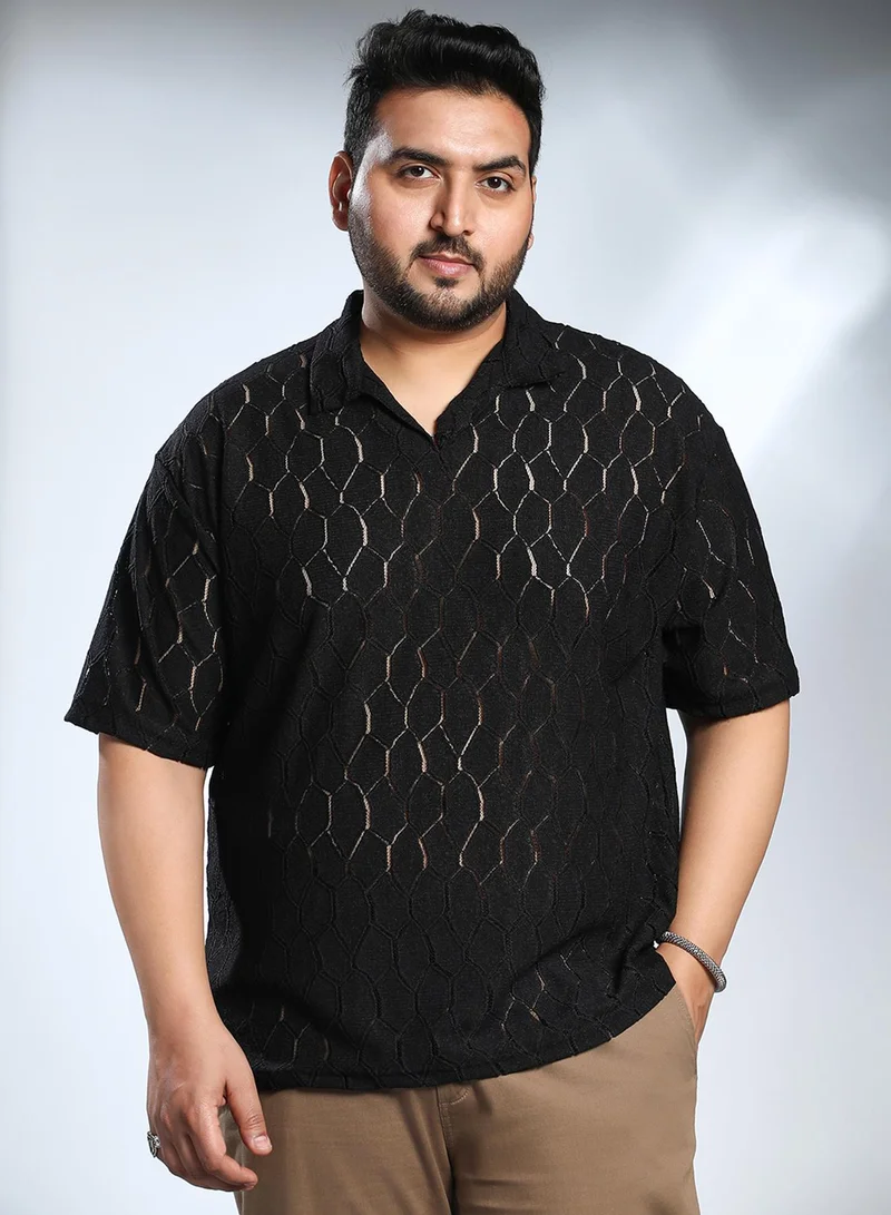 Instafab Plus Instafab Plus Men's Onyx Black Honeycomb-Knit Polo T-Shirt For Casual Wear | Polo Neck | Short Regular Sleeves | Pull On Closure | Plus Size T-Shirt Crafted With Comfort Fit For Everyday Wear