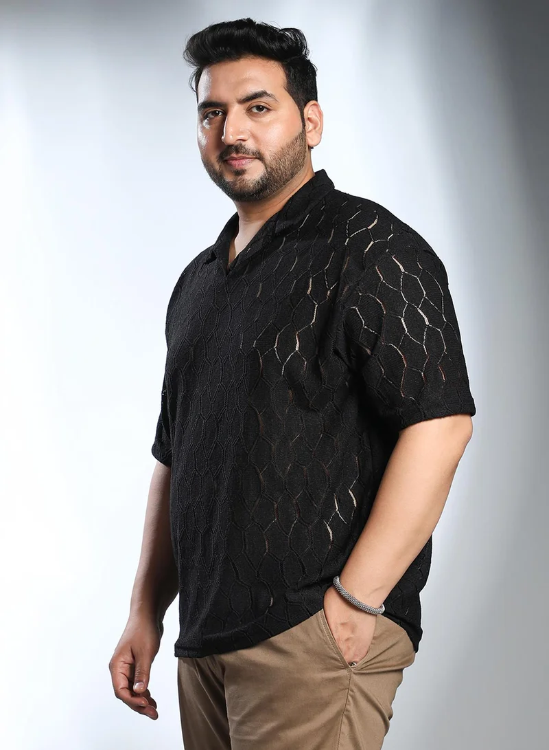 Instafab Plus Men's Onyx Black Honeycomb-Knit Polo T-Shirt