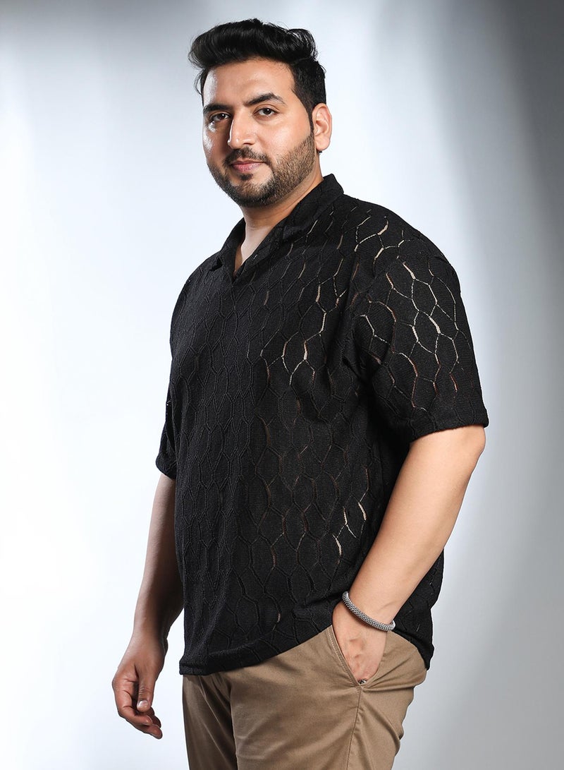 Instafab Plus Men's Onyx Black Honeycomb-Knit Polo T-Shirt - Image 3