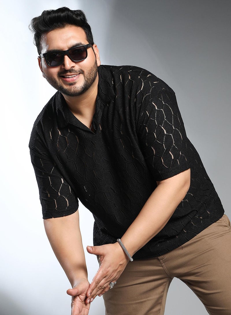 Instafab Plus Men's Onyx Black Honeycomb-Knit Polo T-Shirt - Image 1