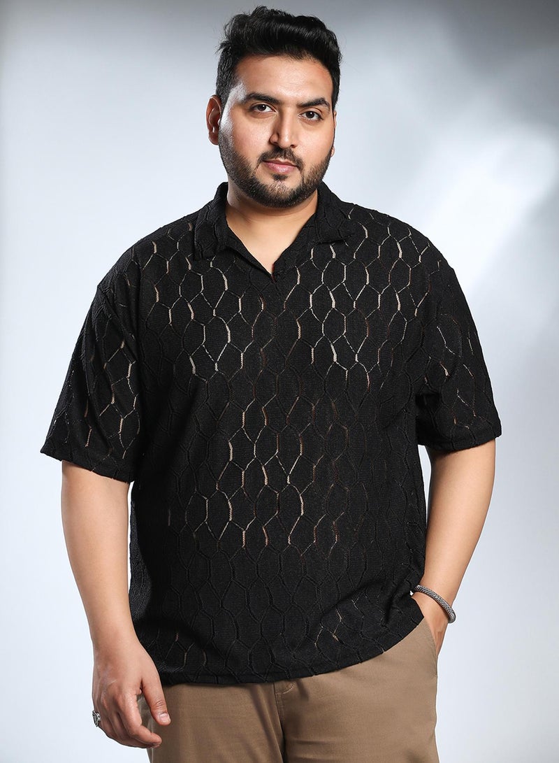 Instafab Plus Men's Onyx Black Honeycomb-Knit Polo T-Shirt - Image 2