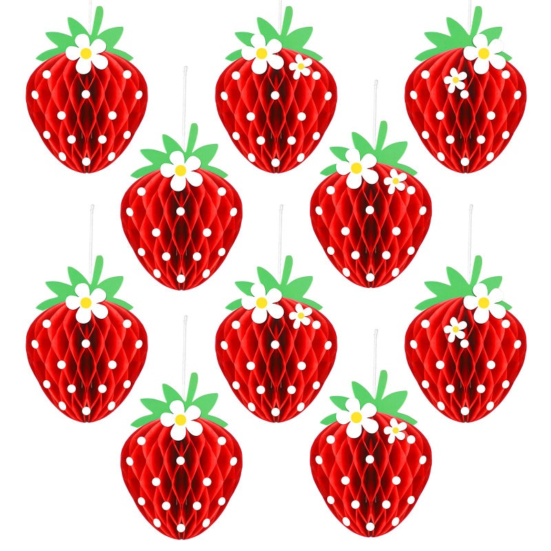 Tenare 24 Pcs Strawberry Party Decorations Strawberry Honeycomb Balls Birthday Favors Berry First Theme Table Centerpieces Tissue Paper Honeycomb Tabletop Hanging Decor Party Supplies(Red) - Image 1