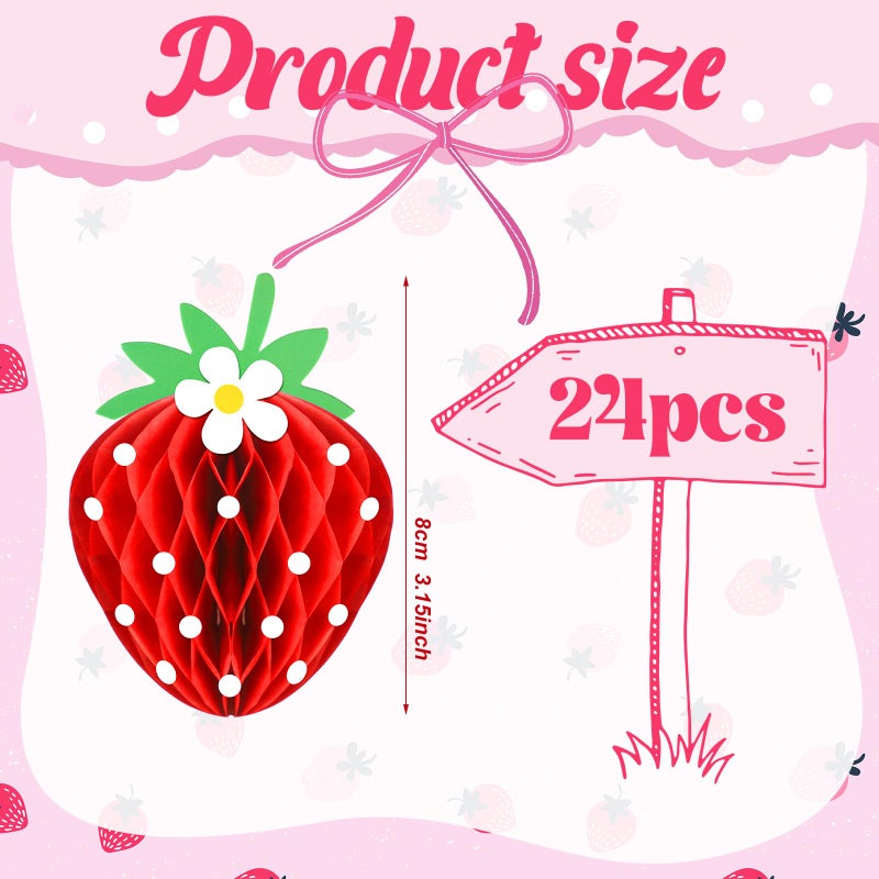 Tenare 24 Pcs Strawberry Party Decorations Strawberry Honeycomb Balls Birthday Favors Berry First Theme Table Centerpieces Tissue Paper Honeycomb Tabletop Hanging Decor Party Supplies(Red) - Image 3