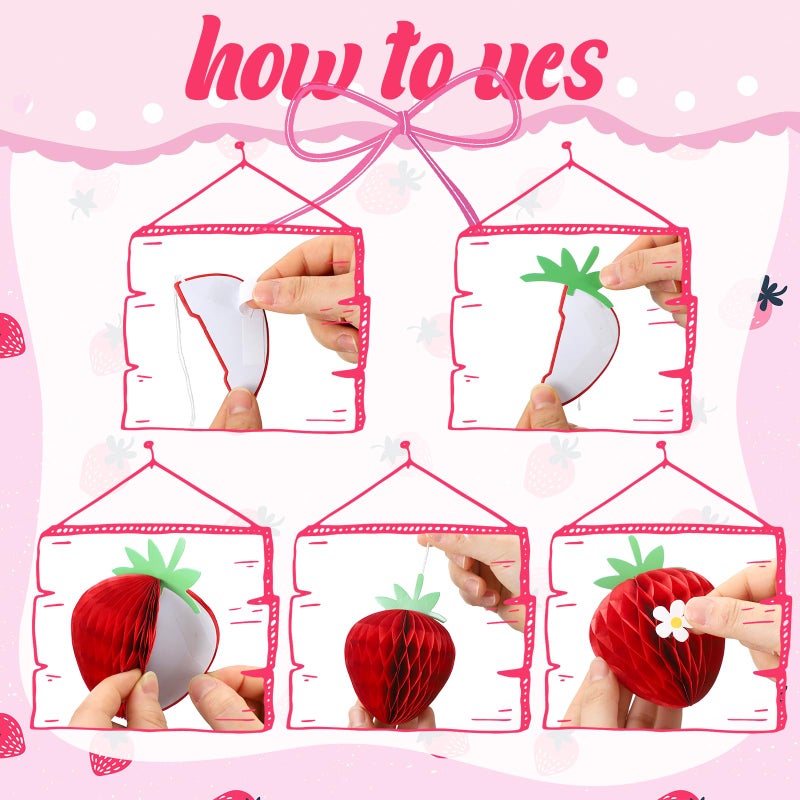 Tenare 24 Pcs Strawberry Party Decorations Strawberry Honeycomb Balls Birthday Favors Berry First Theme Table Centerpieces Tissue Paper Honeycomb Tabletop Hanging Decor Party Supplies(Red) - Image 5