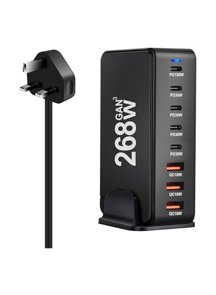 بينريك شاحن USB C بقدرة 268 واط، محطة شحن سريعة GaN III 8 منافذ من النوع C، محول شاحن كمبيوتر محمول PD 100 واط لجهاز MacBook Air وGalaxy S24 S23 S22 Ultra وiPhone 15 14 13 وiPad Pro (أسود) - Image 1