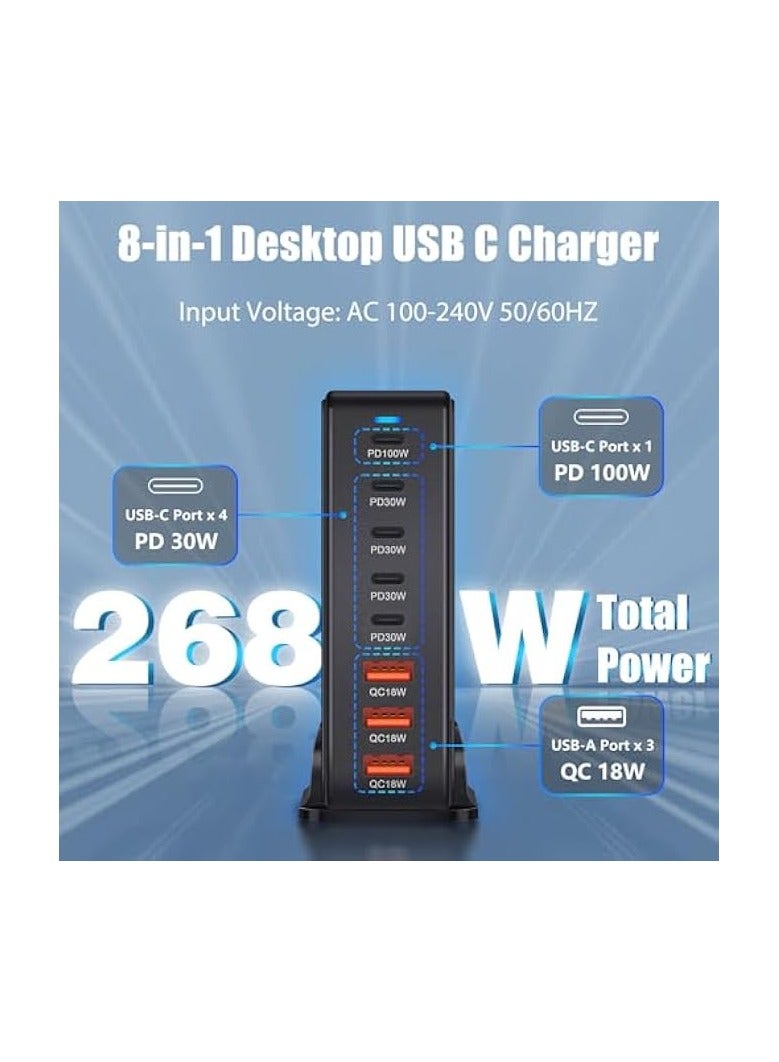 بينريك شاحن USB C بقدرة 268 واط، محطة شحن سريعة GaN III 8 منافذ من النوع C، محول شاحن كمبيوتر محمول PD 100 واط لجهاز MacBook Air وGalaxy S24 S23 S22 Ultra وiPhone 15 14 13 وiPad Pro (أسود) - Image 2