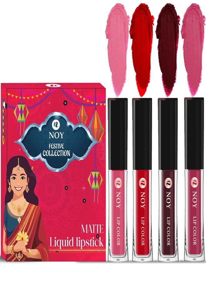 Noy Liquid Matte Festival Pack 4 Essential Lipstick Colors Peach, Red, Coffee Wine, Pruple Shades - Image 2