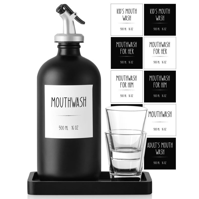 CMLKLZD Glass Mouthwash Dispenser for Bathroom, 16 OZ Mouth Wash Bottle Container with Pour Spout & Reusable Mouthwash Cups & Wood Tray & Labels, Black Kitchen Bathroom Decor and Accessories - Image 1