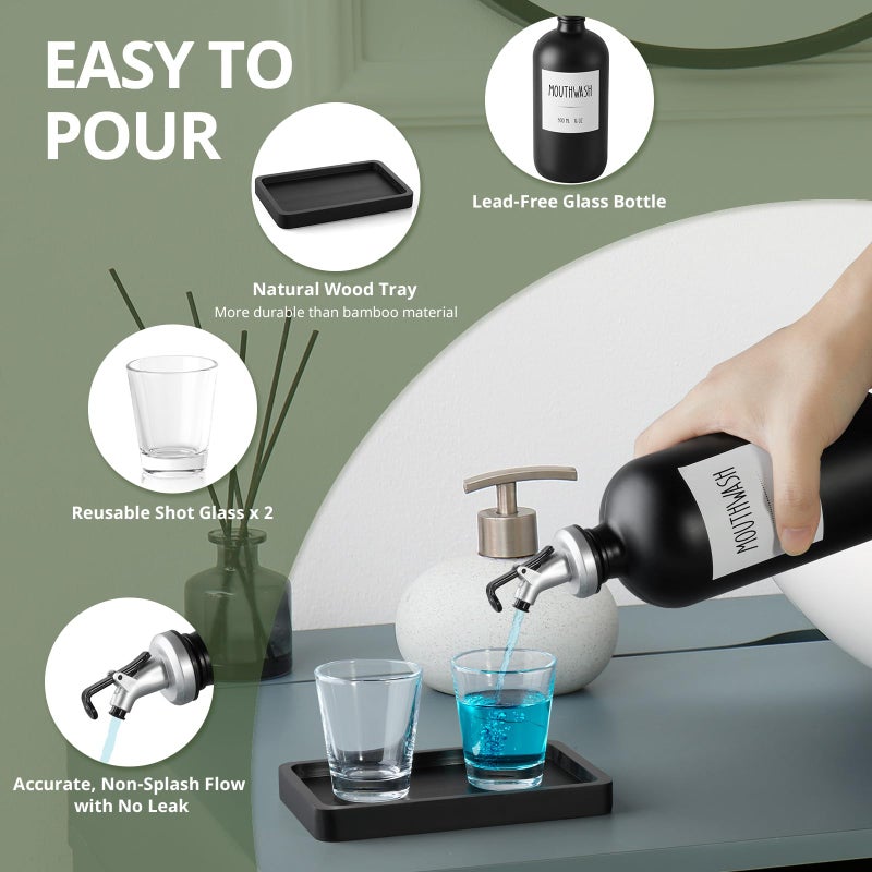 CMLKLZD Glass Mouthwash Dispenser for Bathroom, 16 OZ Mouth Wash Bottle Container with Pour Spout & Reusable Mouthwash Cups & Wood Tray & Labels, Black Kitchen Bathroom Decor and Accessories - Image 4