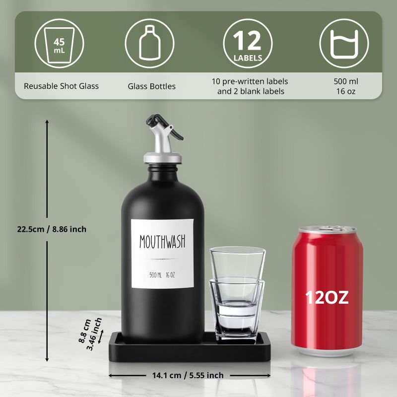 CMLKLZD Glass Mouthwash Dispenser for Bathroom, 16 OZ Mouth Wash Bottle Container with Pour Spout & Reusable Mouthwash Cups & Wood Tray & Labels, Black Kitchen Bathroom Decor and Accessories - Image 2