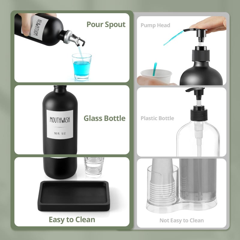 CMLKLZD Glass Mouthwash Dispenser for Bathroom, 16 OZ Mouth Wash Bottle Container with Pour Spout & Reusable Mouthwash Cups & Wood Tray & Labels, Black Kitchen Bathroom Decor and Accessories - Image 3