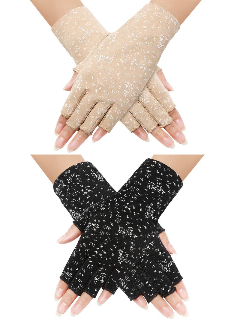 Maxdot 2 Pairs Women Sunblock Fingerless Gloves UV Protection Driving Gloves Summer Mitten Non Slip for Outdoor Cycling Manicures (Black,Khaki) - Image 1