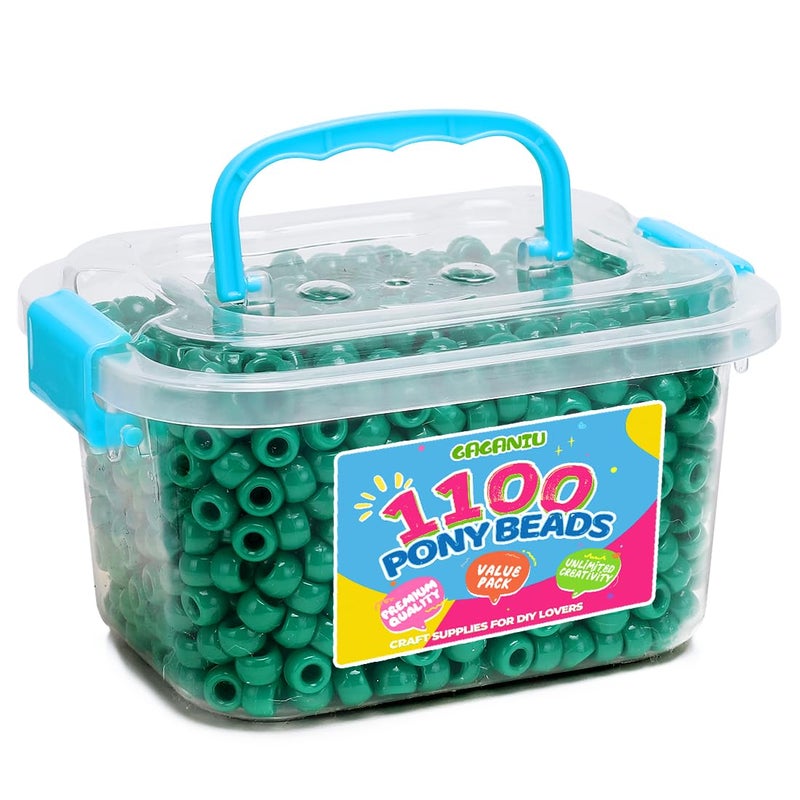 GAGANIU Pony Beads 1100 Pcs Dark Green Plastic Kandi Beads in Jar for Bracelets Hair Braids Jewelry Making DIY Crafts