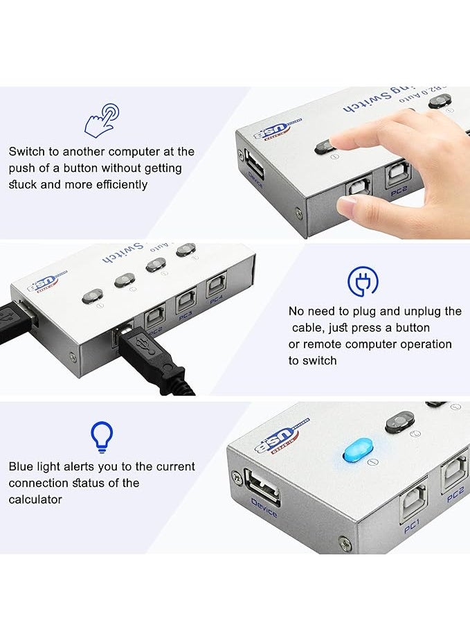Printer Sharing Switch 4 Port USB 2.0, 4-Way 4 in 1 Out Push Button, Manual, Surface Mount for PC,Printer,Scanner,Keyboard - Image 3