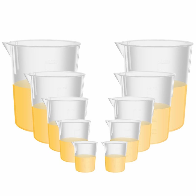 ULAB Scientific Plastic Beaker Set 5 Sizes 50ml 100ml 250ml 500ml 1000ml 2pcs for Each Size Stackable with Spout Molded Graduation UBP1007
