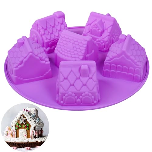 PhantomSky 6 Cell Silicone Gingerbread House Mould for Baking Cupcake Ice Cube Chocolate Jelly Candy Handmade Soap,Nonstick/BPA Free/Christmas Molds for Chocolate/Colors are Shipped Randomly - Image 1