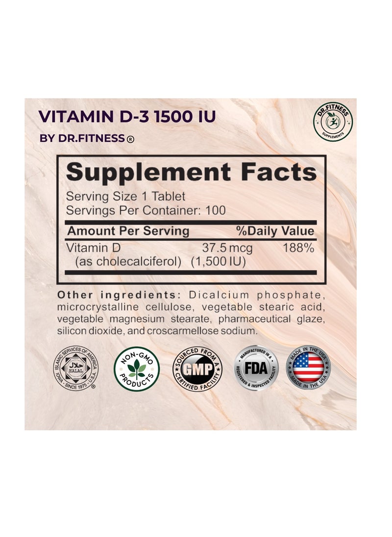 Premium Vitamin D3 - 100 Tablets -Vitamin D  1500 IU