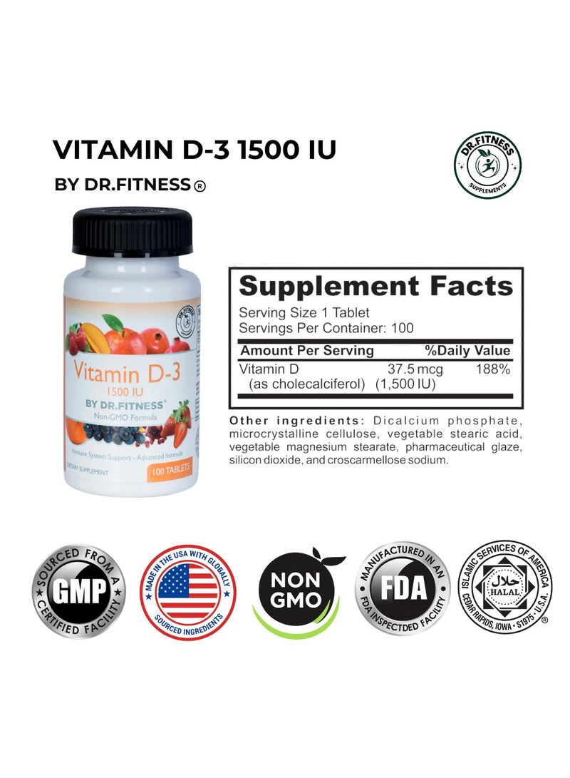 DR.FITNESS Vitamin D 3 Tablets 1500 IU -100's| Halal, Bone Strength & Immune System Booster | Made in USA - Image 2