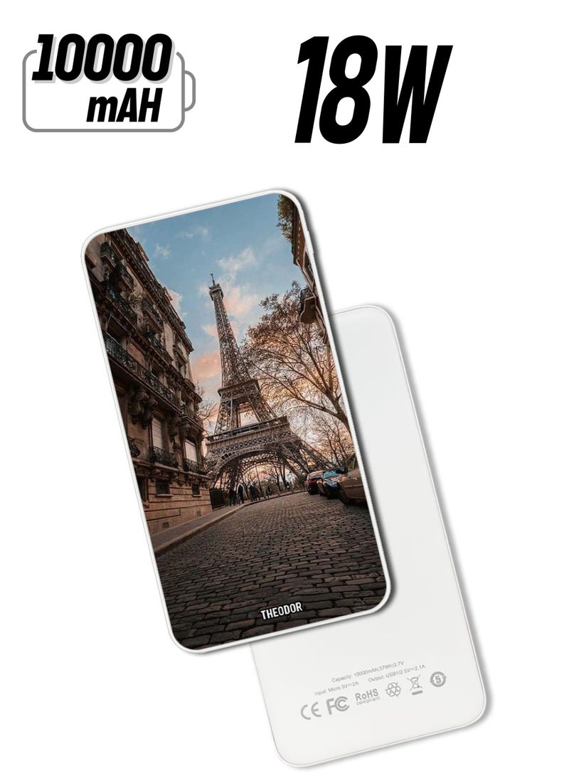 Theodor 10,000 mAh Super Fast Charging Ultra Compact Power Bank with Quick Charge & Power Delivery, Portable Charger For iPhone and Android Effiel Tower - Image 1